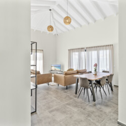 Bright dining area at Villa Blenchi Curaçao with large table and garden view